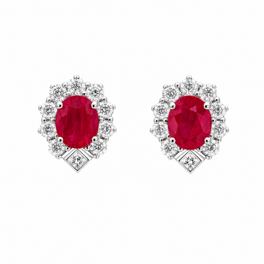 RETM0096W W-1 frontal pair - oval ruby and round diamond halo stud earrings