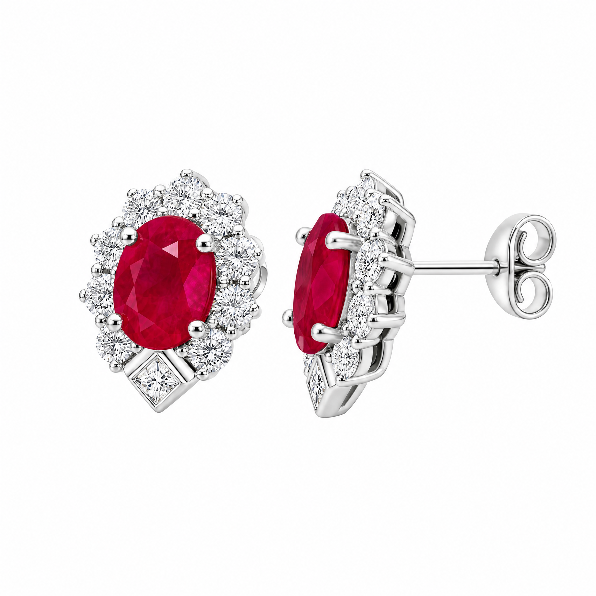 RETM0096W W-2 front and turned view showing post and butterfly back - oval ruby and round diamond halo stud earrings