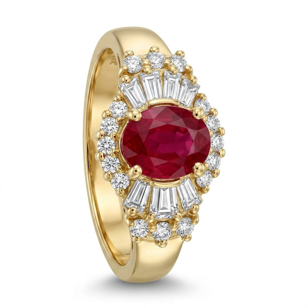 Oval Ruby, Tapered & Round Diamond Ring