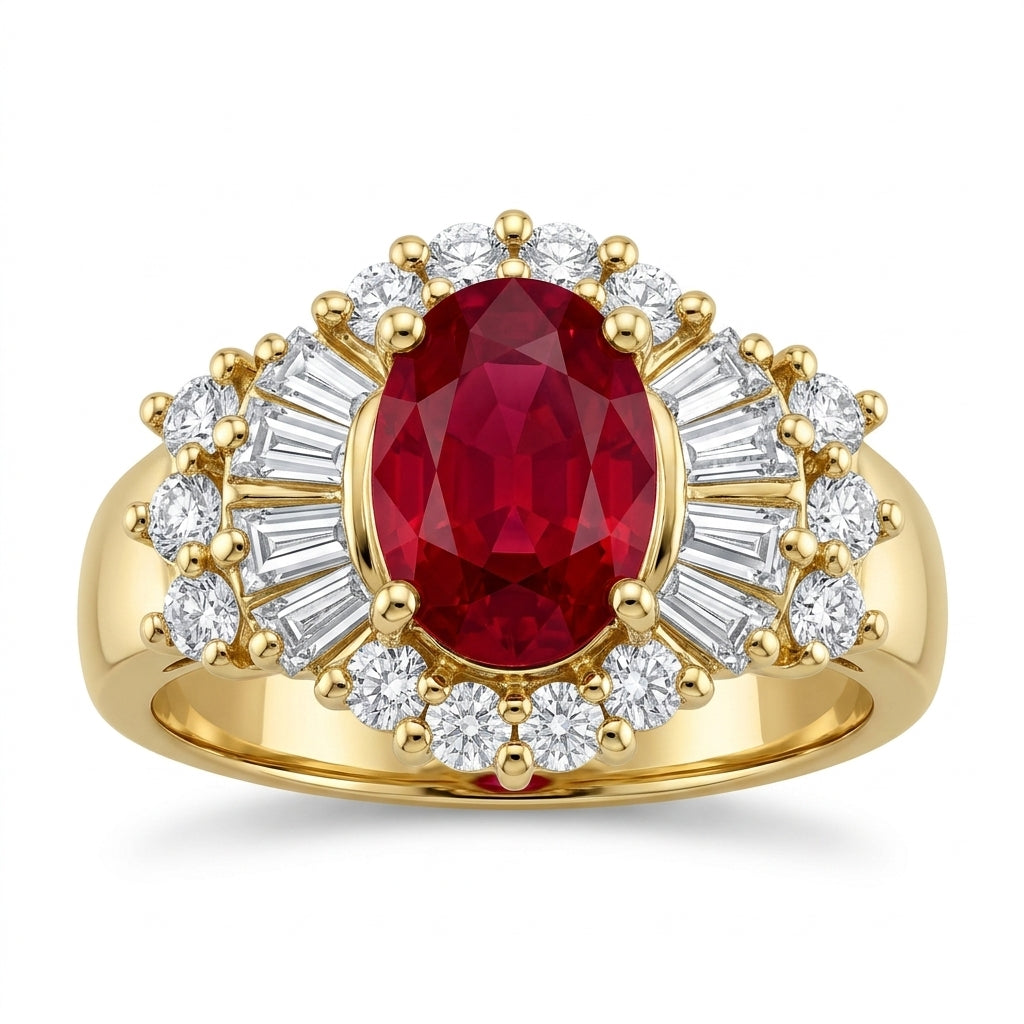 Oval Ruby, Tapered & Round Diamond Ring