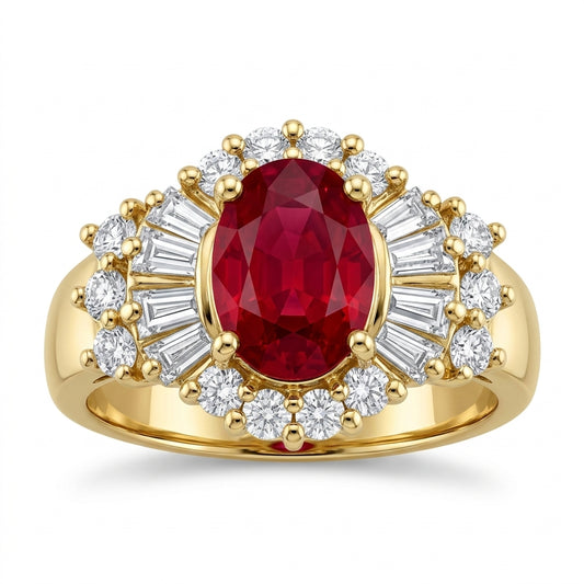 Oval Ruby, Tapered & Round Diamond Ring