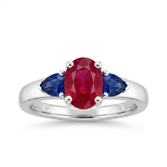 5x7mm Oval Ruby & 2 Pear-Cut Sapphire Ring