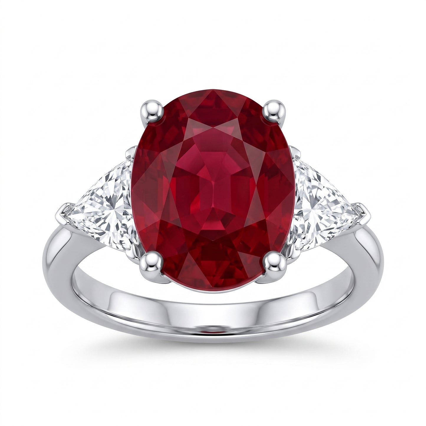 6.29ct Oval Ruby Three-Stone Ring with Trillion Diamonds