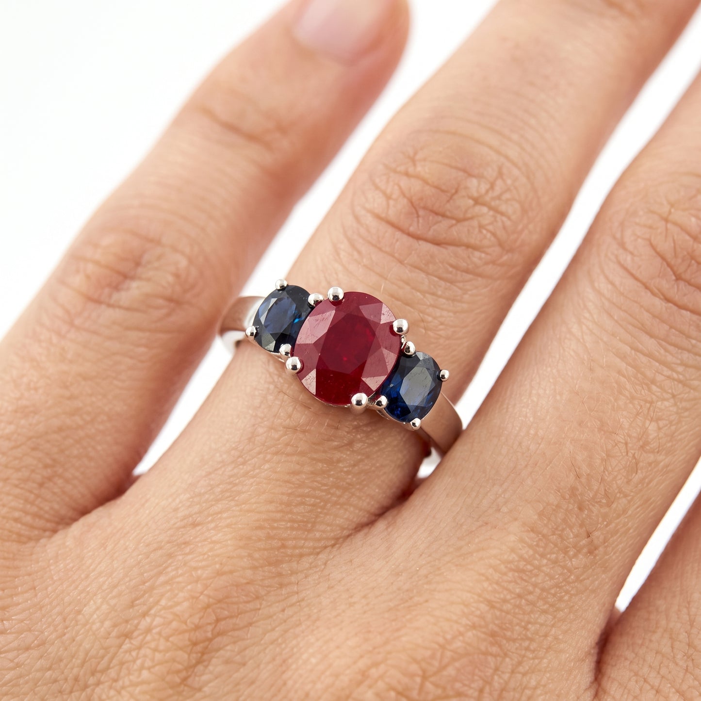 5.75x6.75mm Oval Ruby & 2 Oval Sapphire Ring