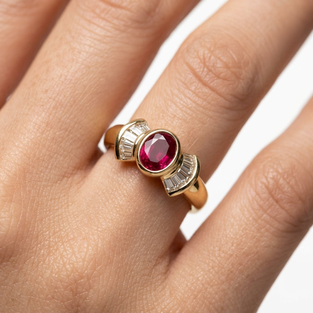 Oval Ruby & Tapered Diamond Ring