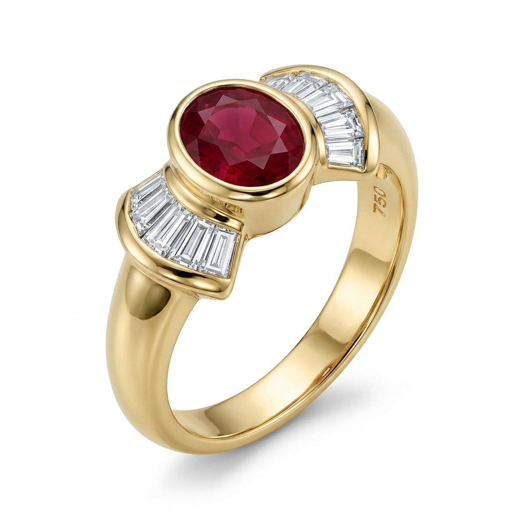 Oval Ruby & Tapered Diamond Ring
