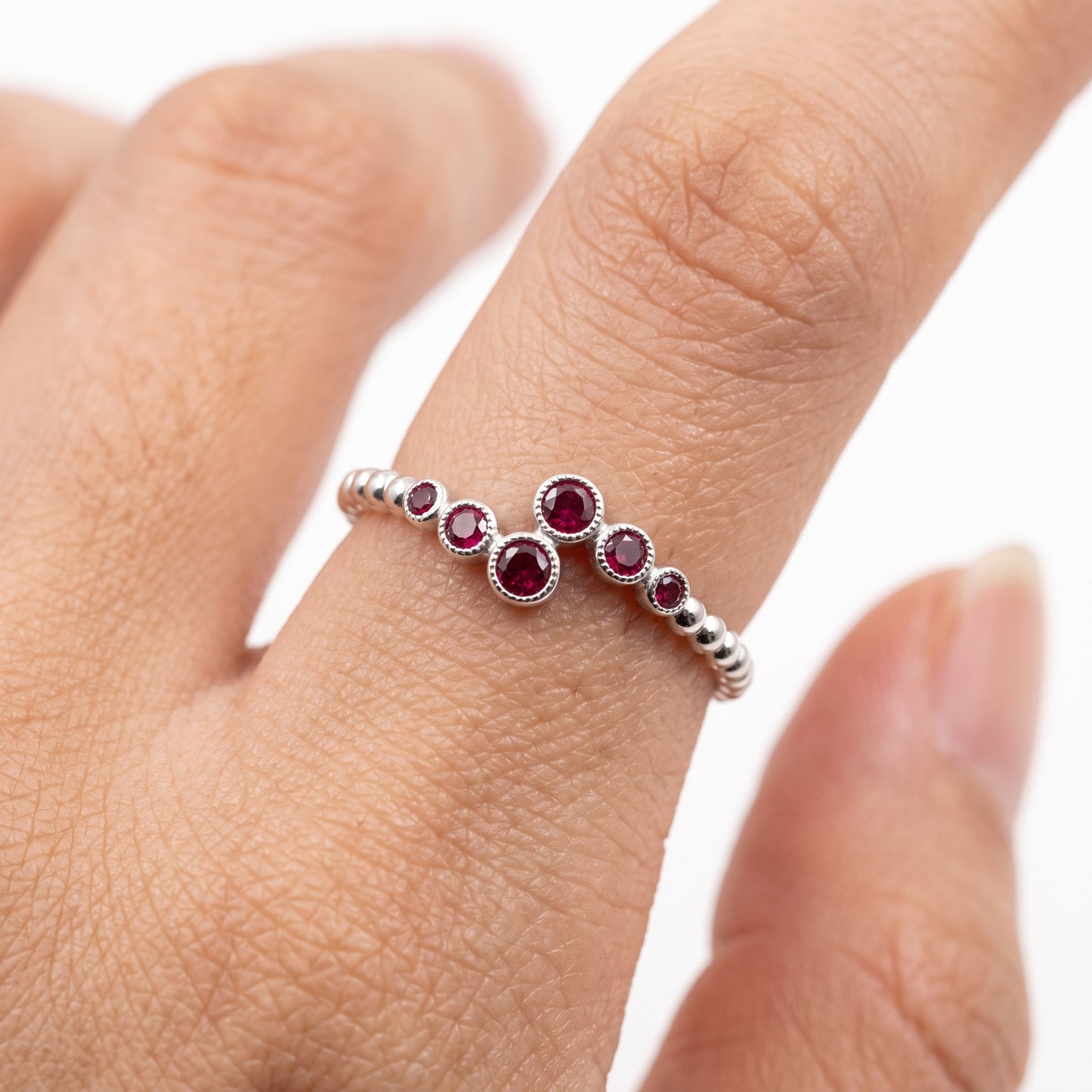 6 Round Bezel Set Ruby Beaded Shank Ring