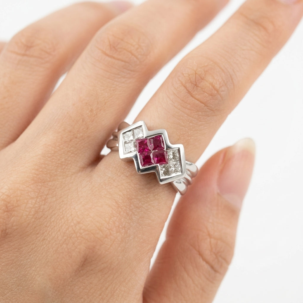 4 Princess-Cut Ruby & 6 Princess-Cut Diamond Ring