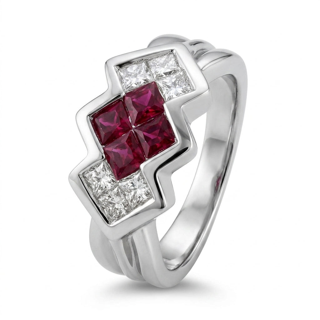 4 Princess-Cut Ruby & 6 Princess-Cut Diamond Ring