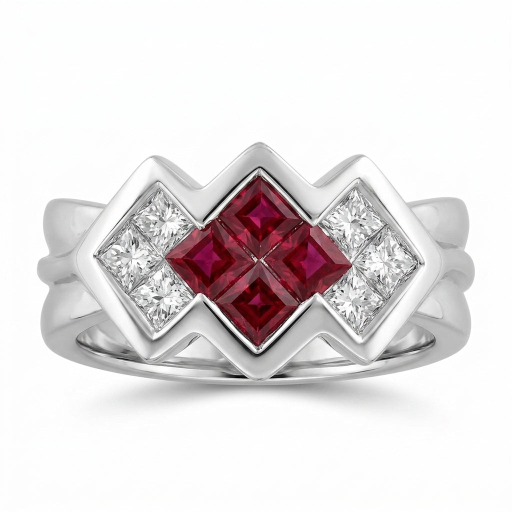 4 Princess-Cut Ruby & 6 Princess-Cut Diamond Ring