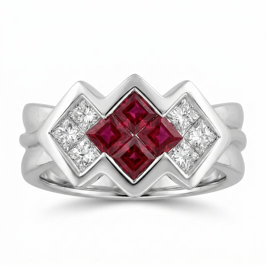 4 Princess-Cut Ruby & 6 Princess-Cut Diamond Ring