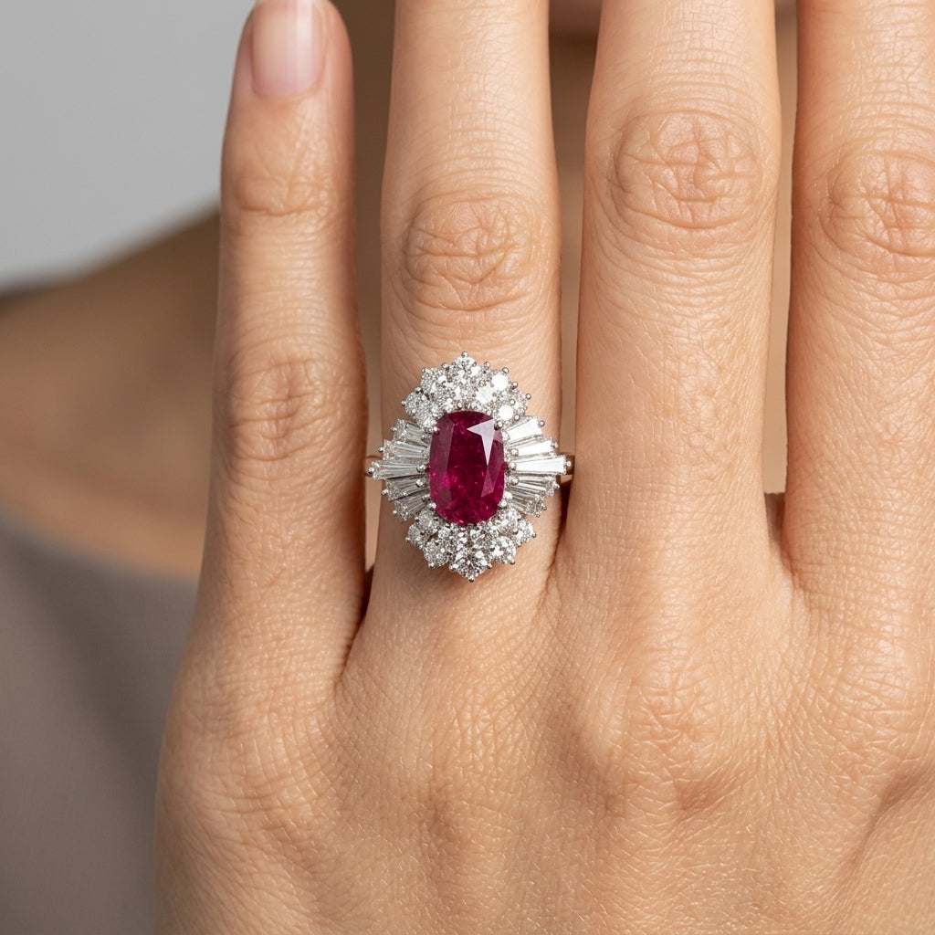 Oval Ruby and Diamond Ballerina Ring - worn on hand