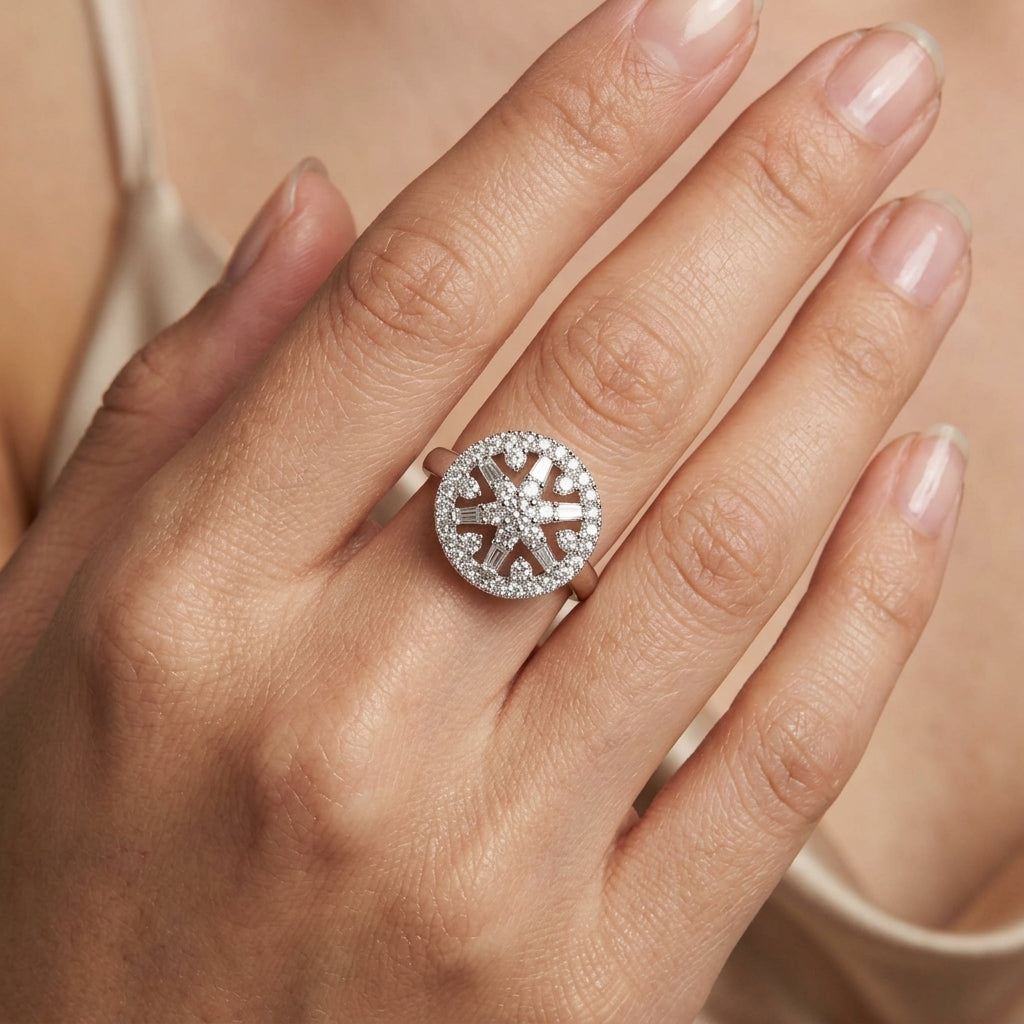 Diamond Snowflake Dome Cocktail Ring - worn on hand