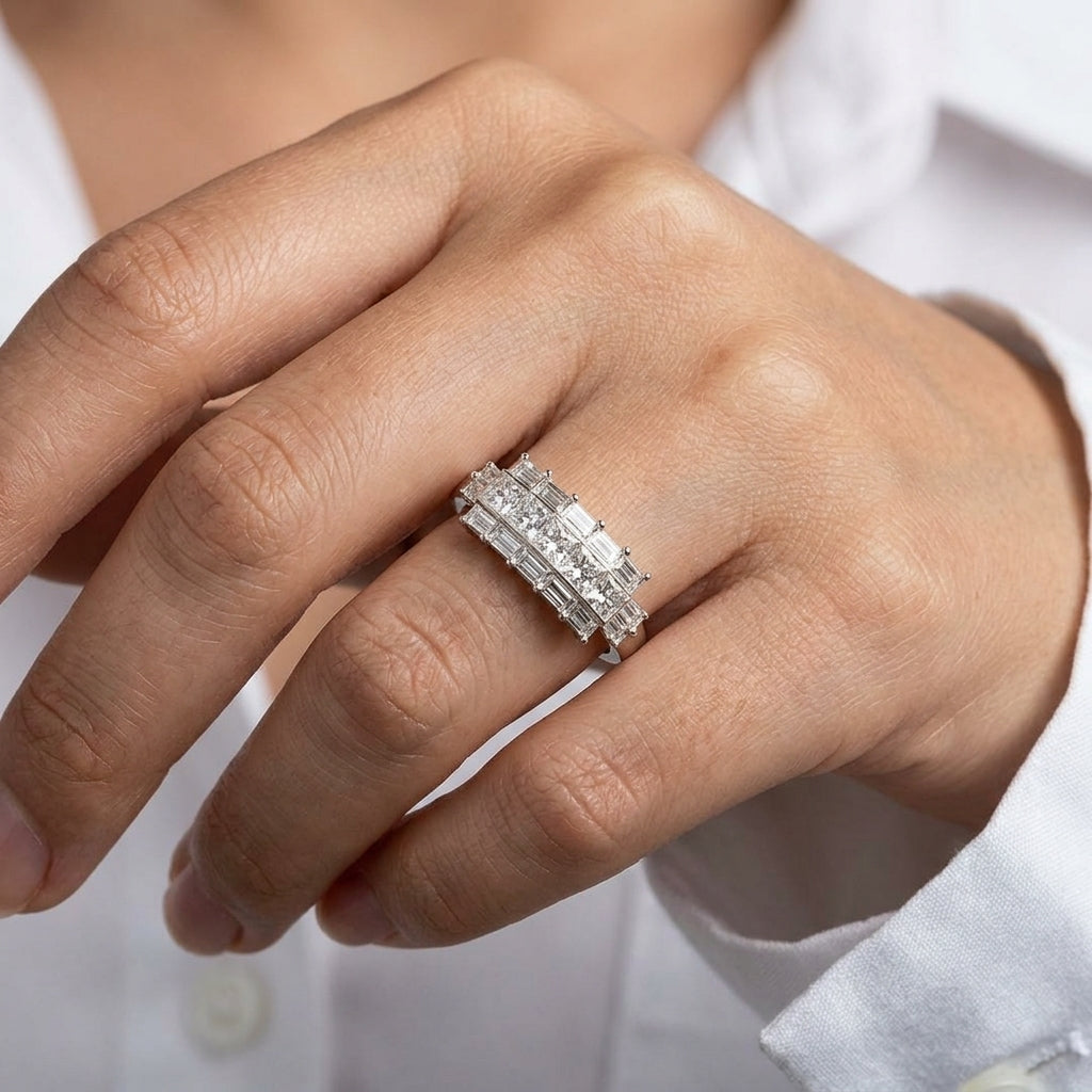 Princess and Baguette Diamond Three-Row Ring - worn on hand