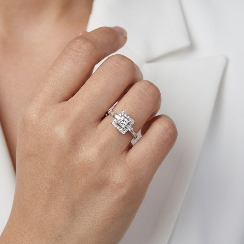 Princess and Baguette Diamond Halo Ring - worn on hand