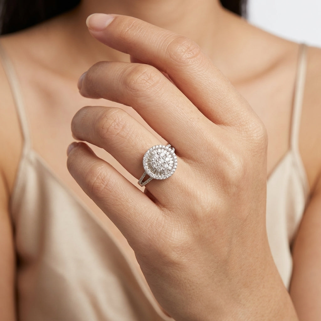 Diamond Sunburst Flower Cluster Ring - worn on hand