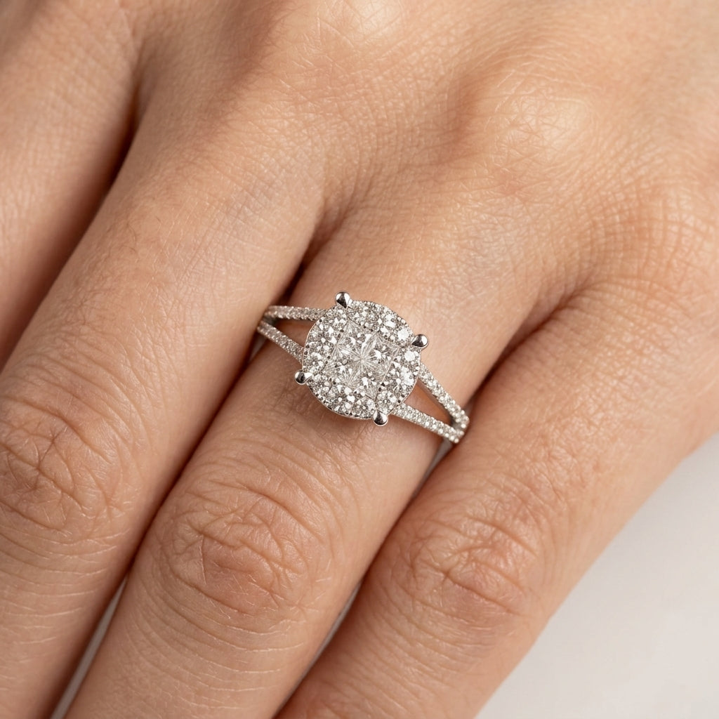 Princess and Round Diamond Pave Ring - worn on hand