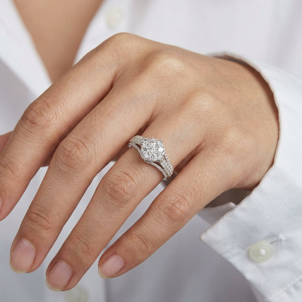 Five-Diamond Illusion Cluster Pave Ring - worn on hand