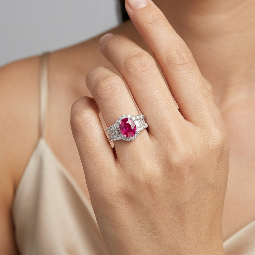 Oval Ruby and Diamond Wide Band Cocktail Ring - worn on hand