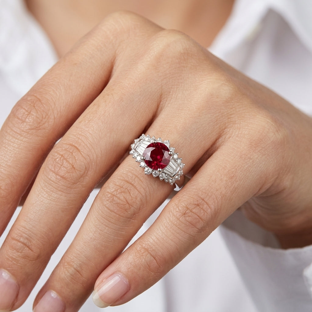 Ruby and Diamond Crescent Cocktail Ring - worn on hand