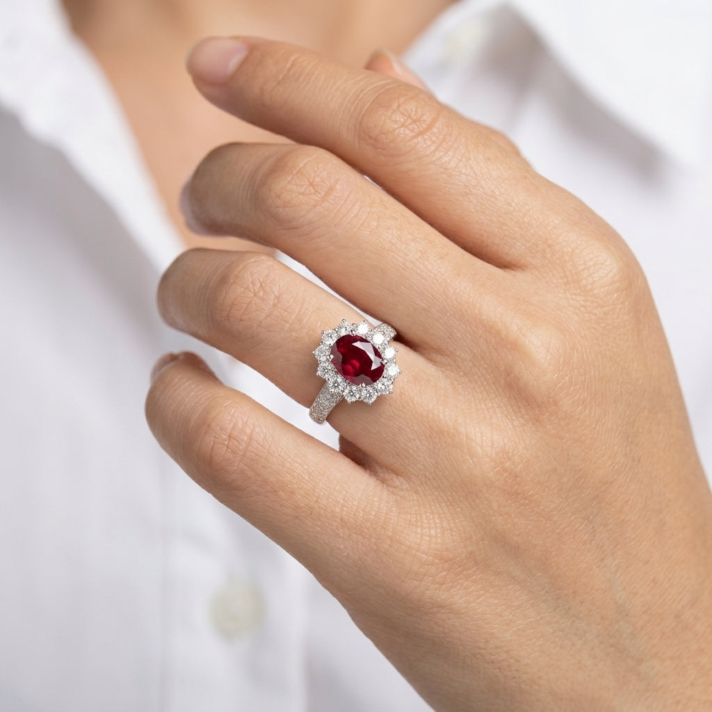 Oval Ruby and Diamond Flower Halo Ring - worn on hand