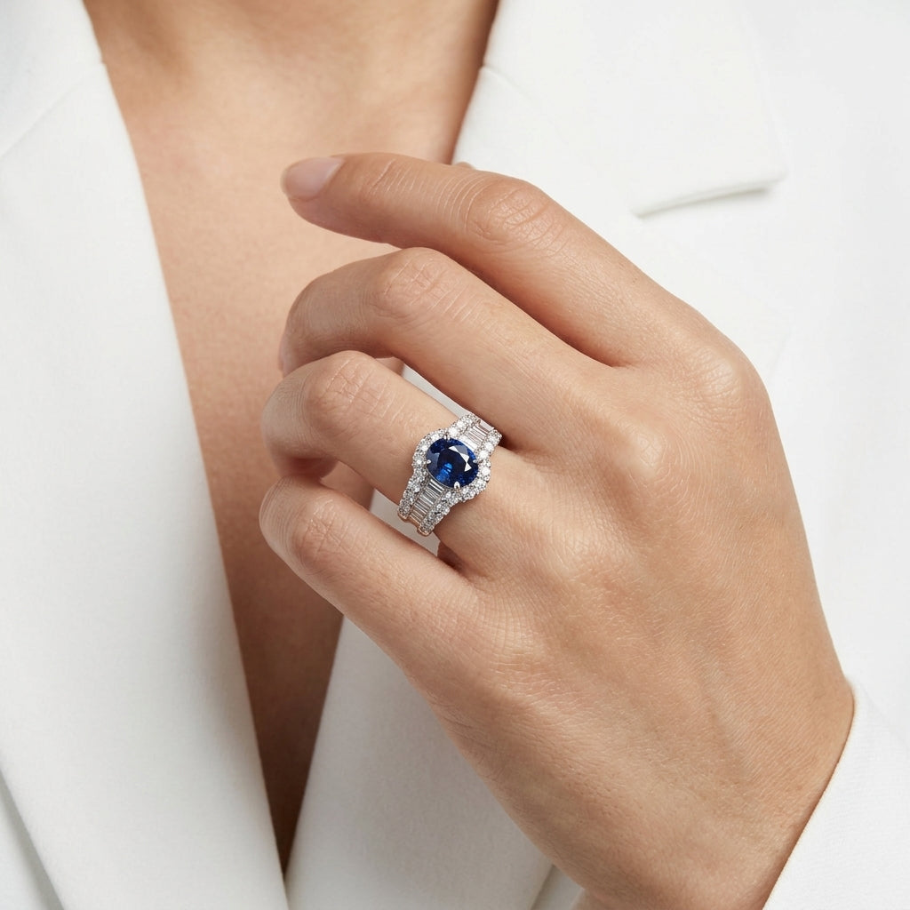 Ceylon Sapphire and Diamond Wide Band Ring - worn on hand