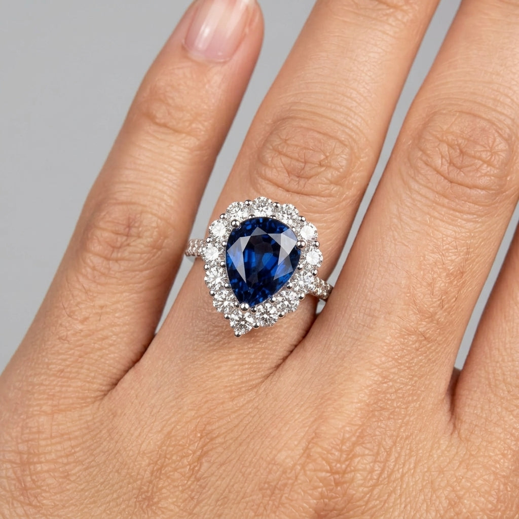 Pear Sapphire and Diamond Halo Ring - worn on hand