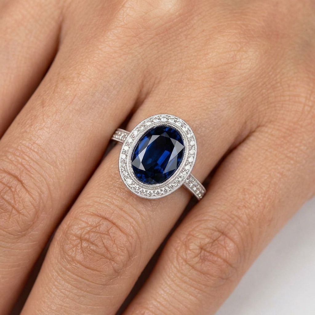 Oval Sapphire and Diamond Milgrain Halo Ring - worn on hand