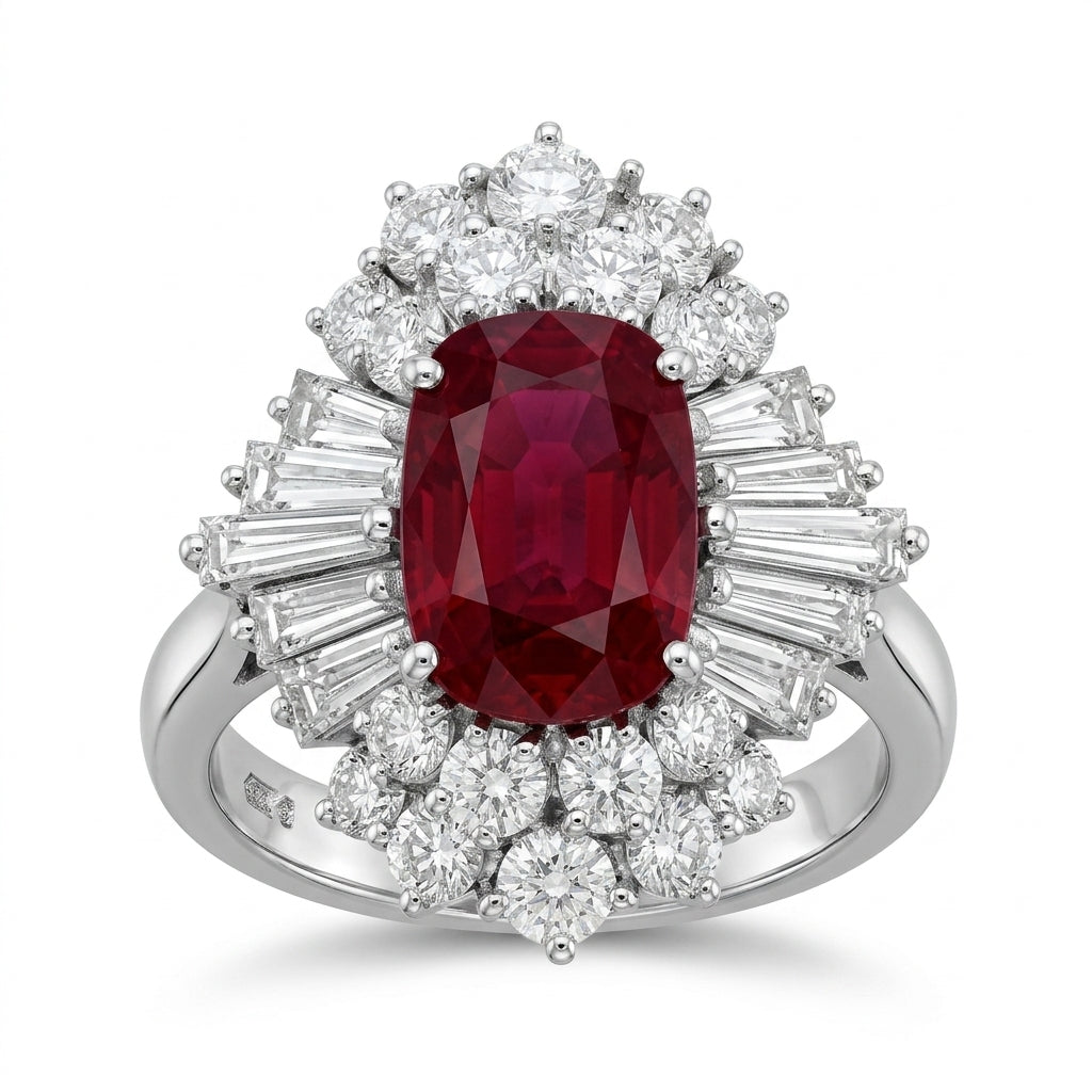 Oval Ruby and Diamond Ballerina Ring - white background