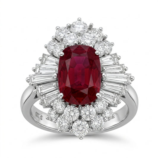 Oval Ruby and Diamond Ballerina Ring - white background