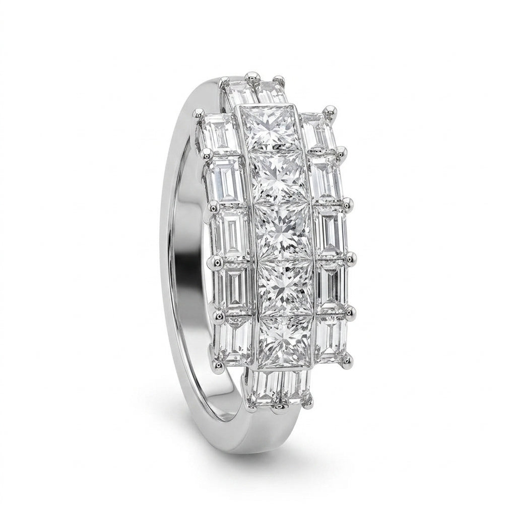 Princess and Baguette Diamond Three-Row Ring - white background