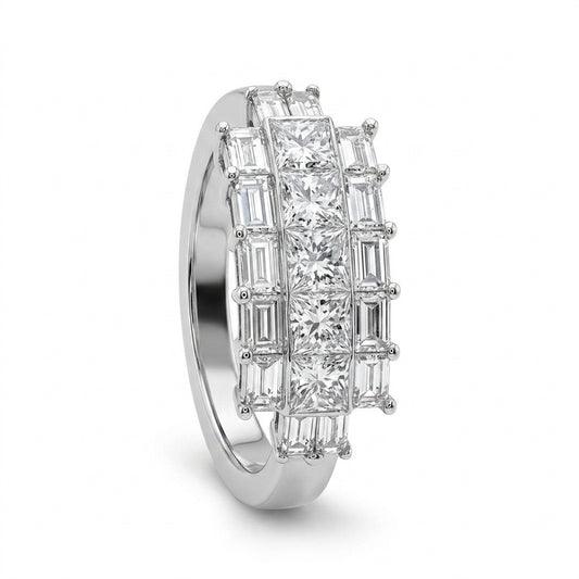 Princess and Baguette Diamond Three-Row Ring - white background