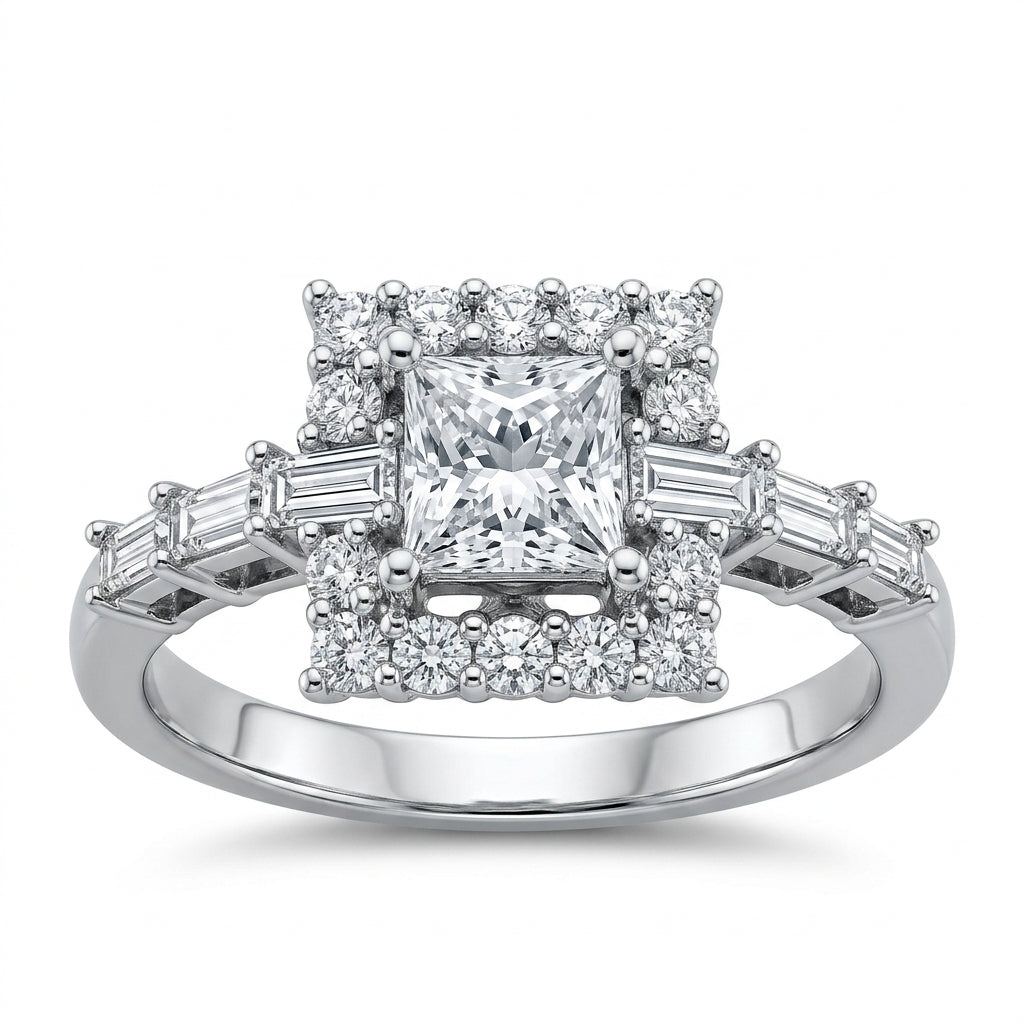 Princess and Baguette Diamond Halo Ring - white background