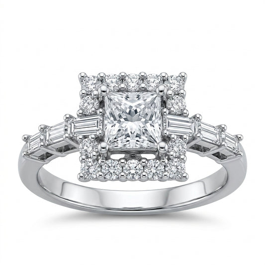 Princess and Baguette Diamond Halo Ring - white background