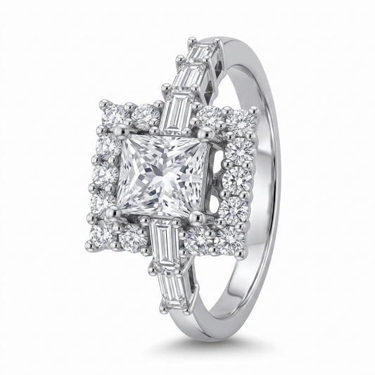 Princess & Baguette Diamond Halo Ring