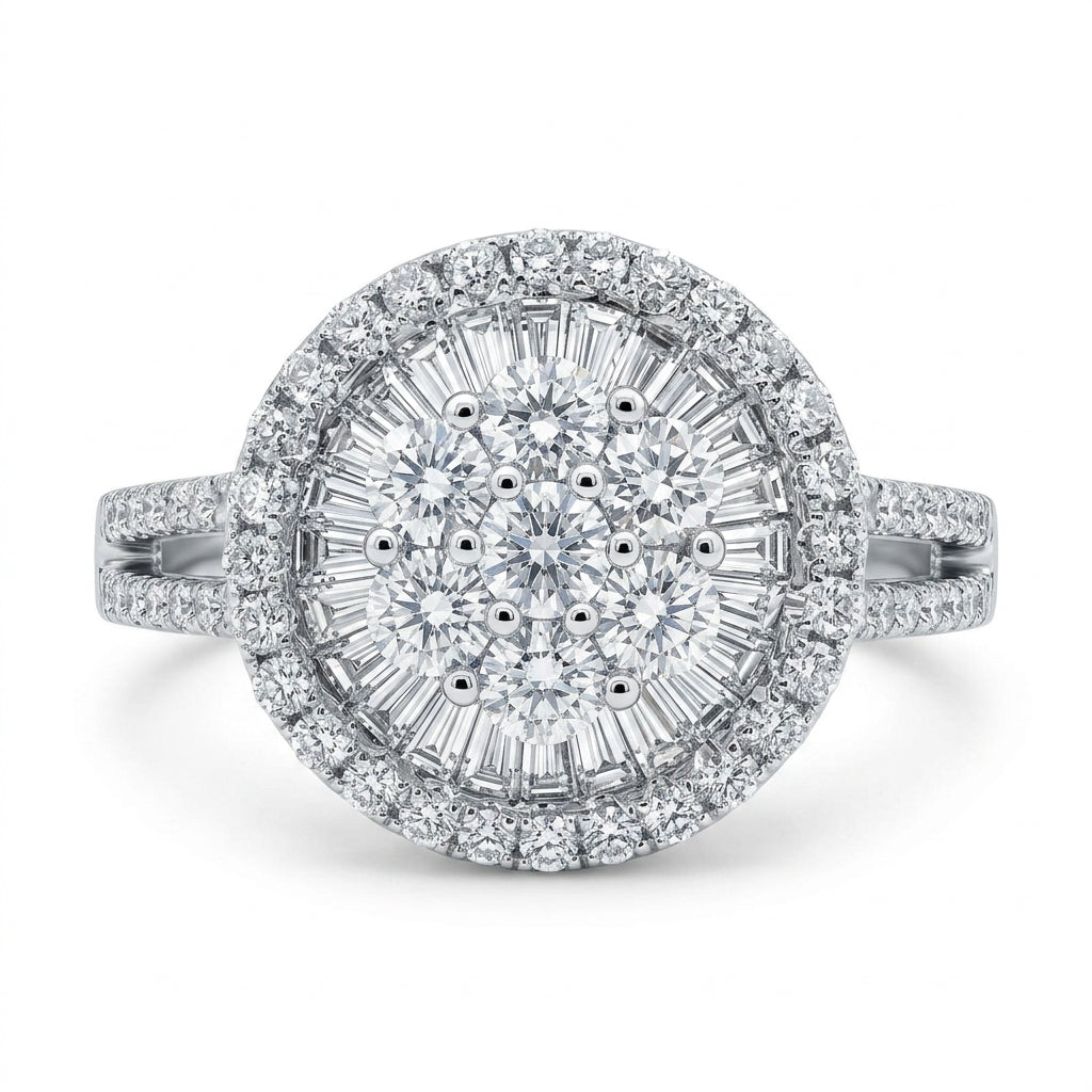 Diamond Sunburst Flower Cluster Ring - white background