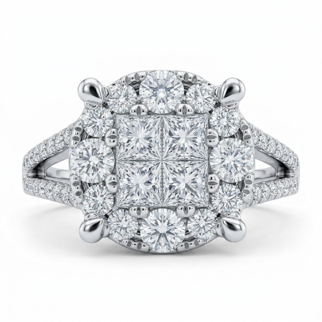 Princess and Round Diamond Pave Ring - white background