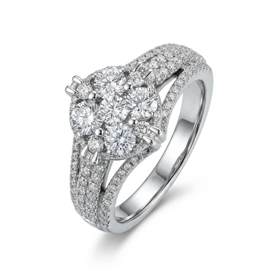 Five-Diamond Illusion Cluster Pave Ring - white background
