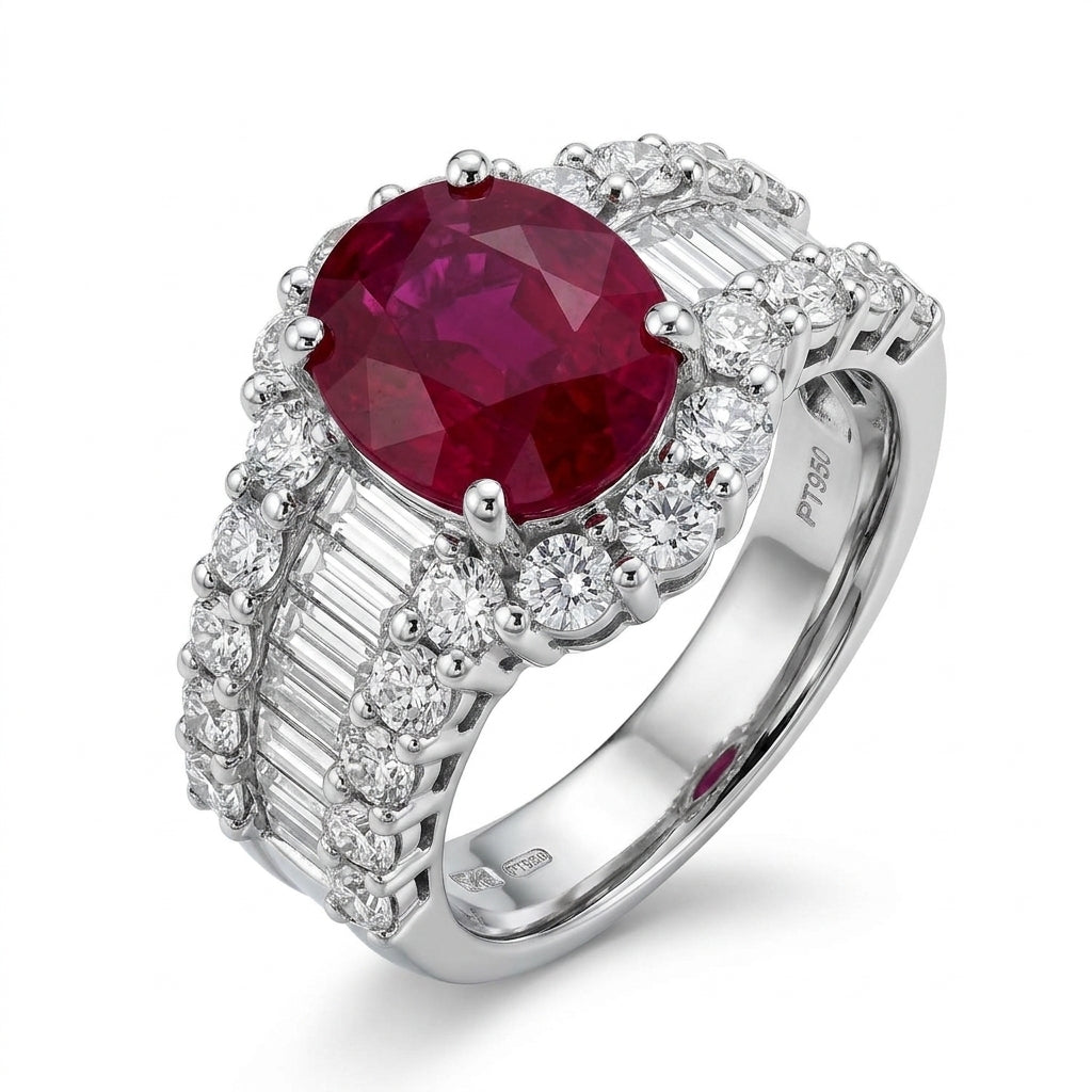 Oval Ruby and Diamond Wide Band Cocktail Ring - white background