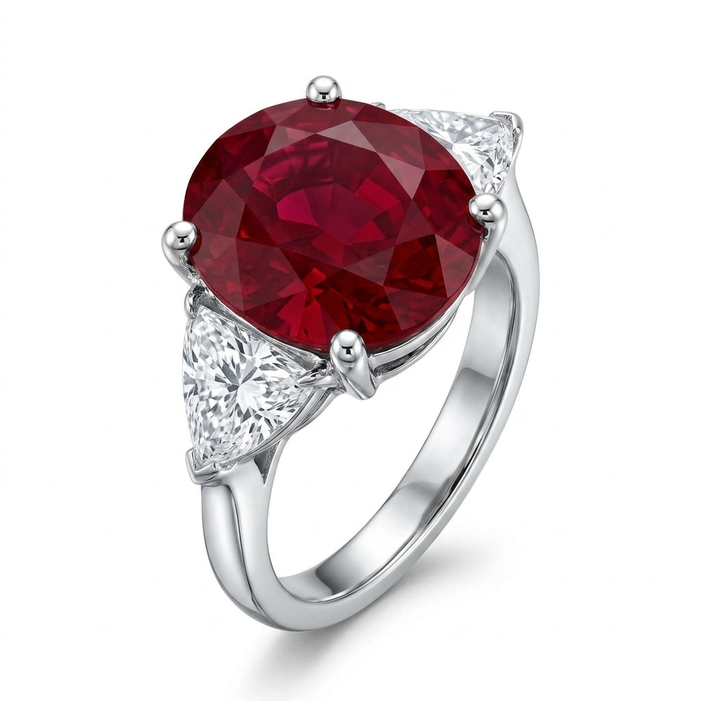 Oval Ruby Three-Stone Ring with Trillion Diamonds - white background