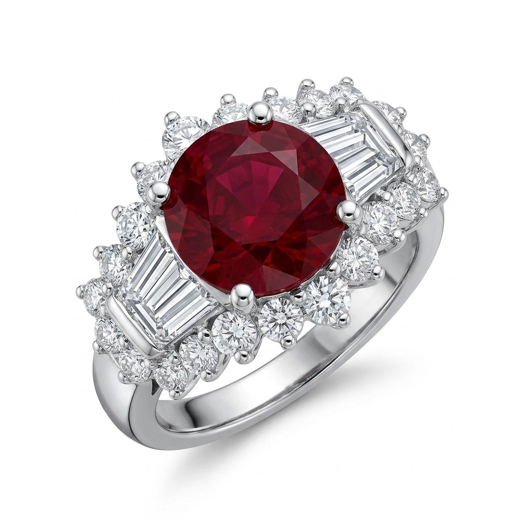 Ruby and Diamond Crescent Cocktail Ring - white background