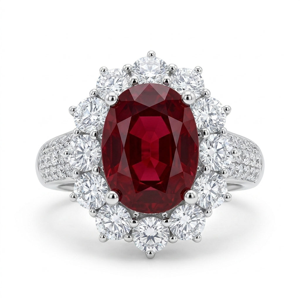 Oval Ruby and Diamond Flower Halo Ring - white background