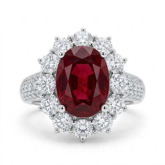 Oval Ruby and Diamond Flower Halo Ring - white background