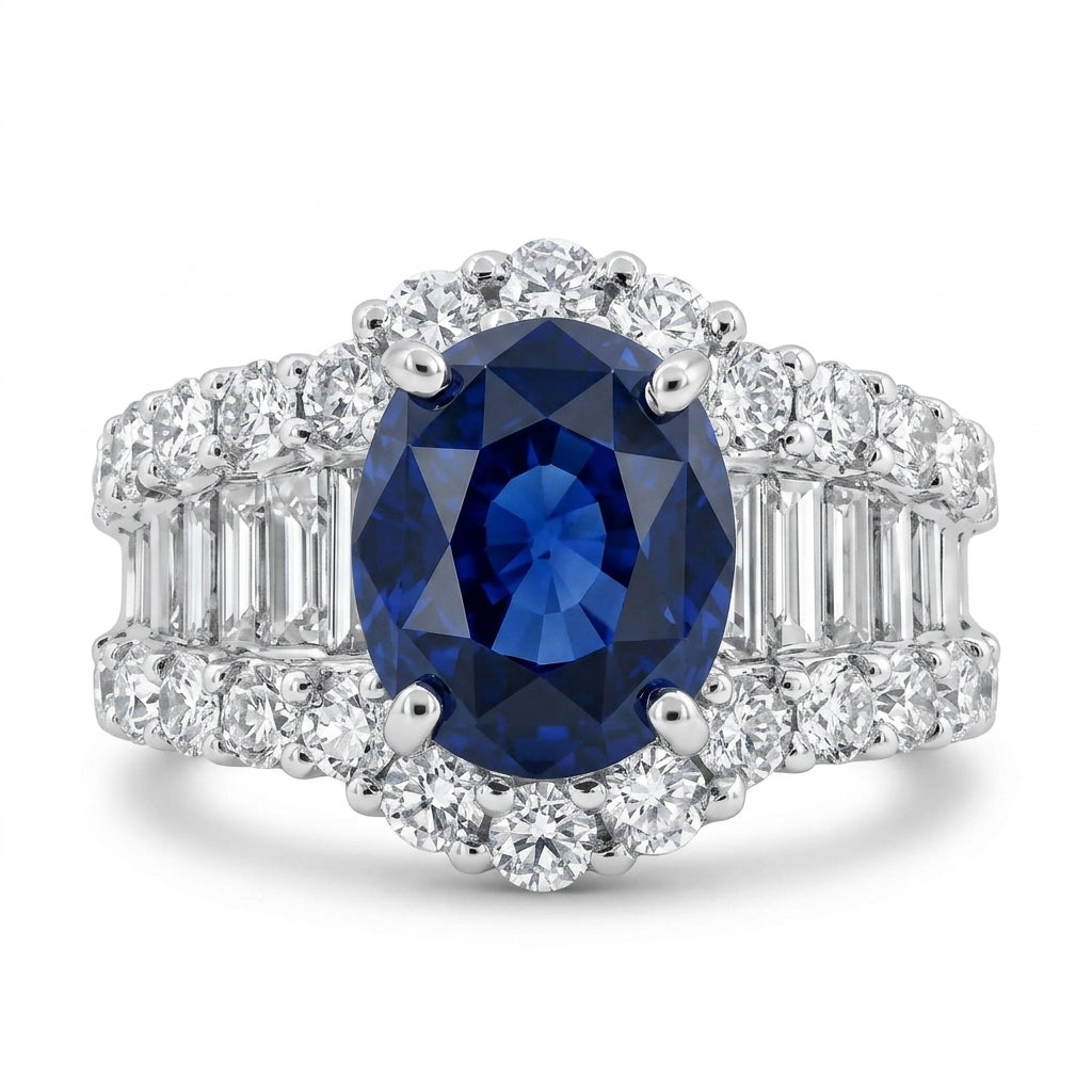 Ceylon Sapphire and Diamond Wide Band Ring - white background