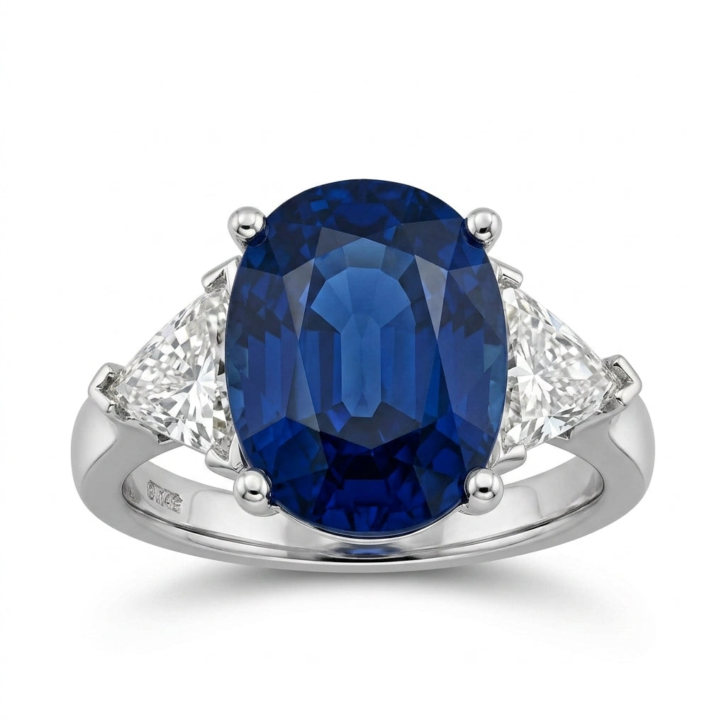 Oval Sapphire Three-Stone Ring with Trillion Diamonds - white background