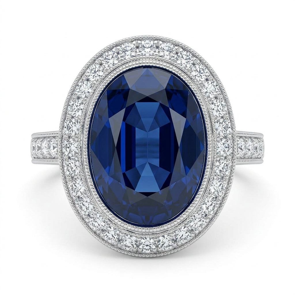 Oval Sapphire and Diamond Milgrain Halo Ring - white background
