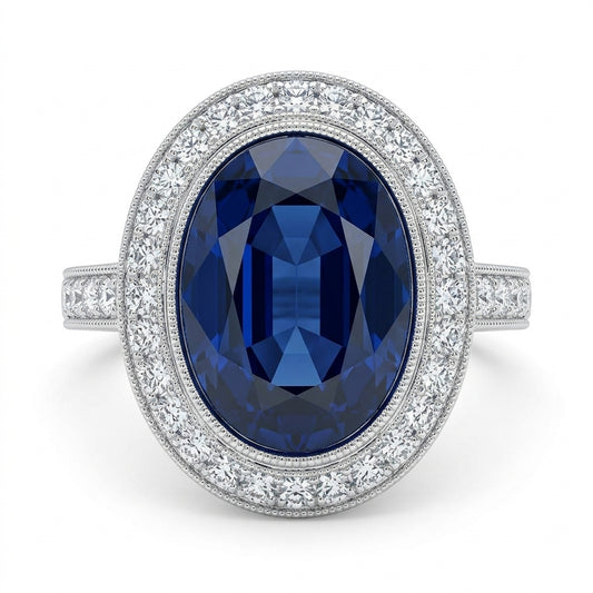 Oval Sapphire and Diamond Milgrain Halo Ring - white background