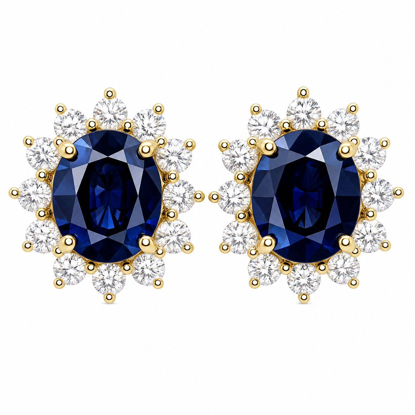 SECA0054 W-1 frontal pair - oval blue sapphire diamond halo clip earrings in 14K yellow gold