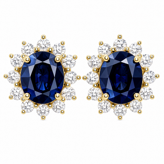 SECA0054 W-1 frontal pair - oval blue sapphire diamond halo clip earrings in 14K yellow gold