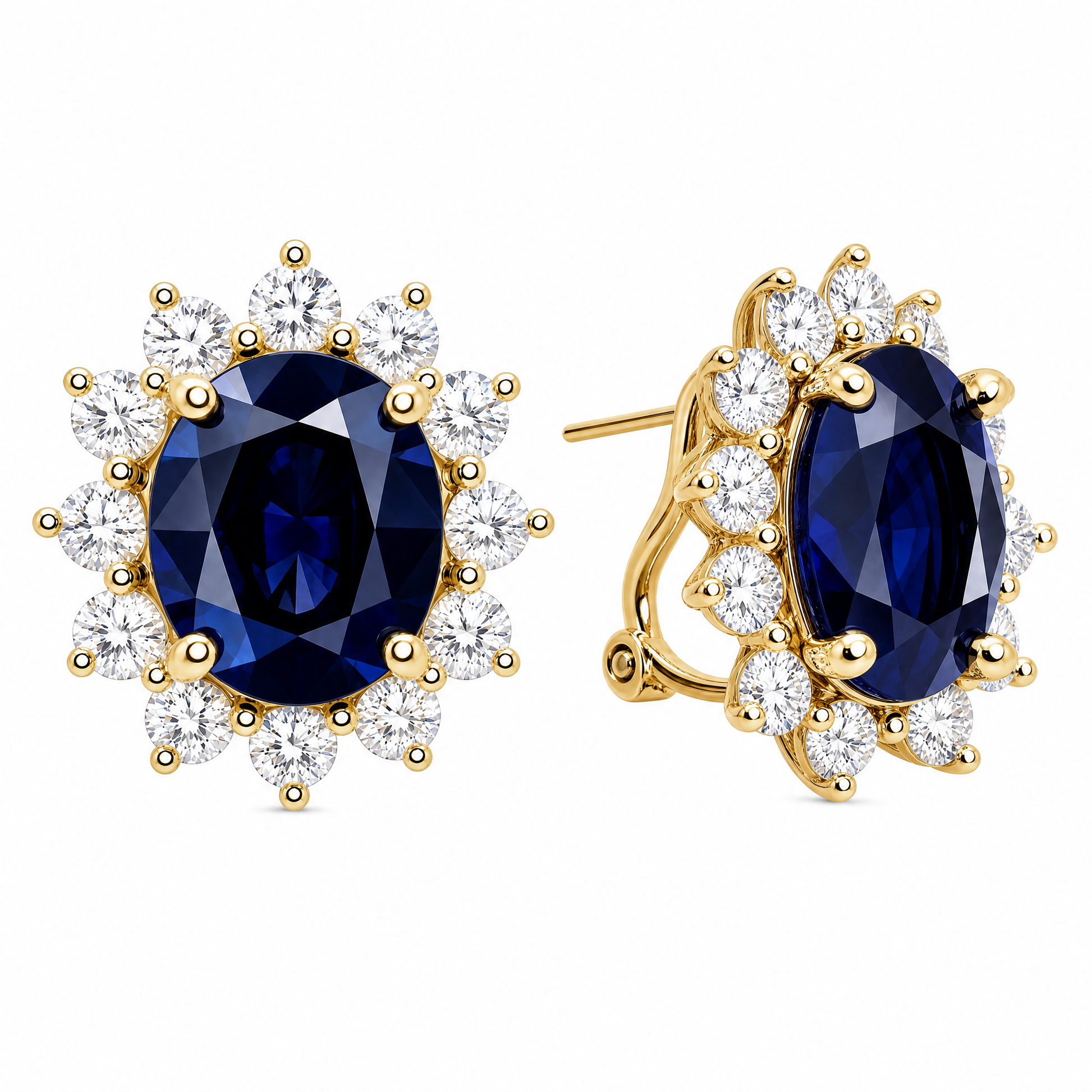 SECA0054 W-2 front and turned view showing French clip post and hinged omega lever - oval blue sapphire diamond halo clip earrings in 14K yellow gold